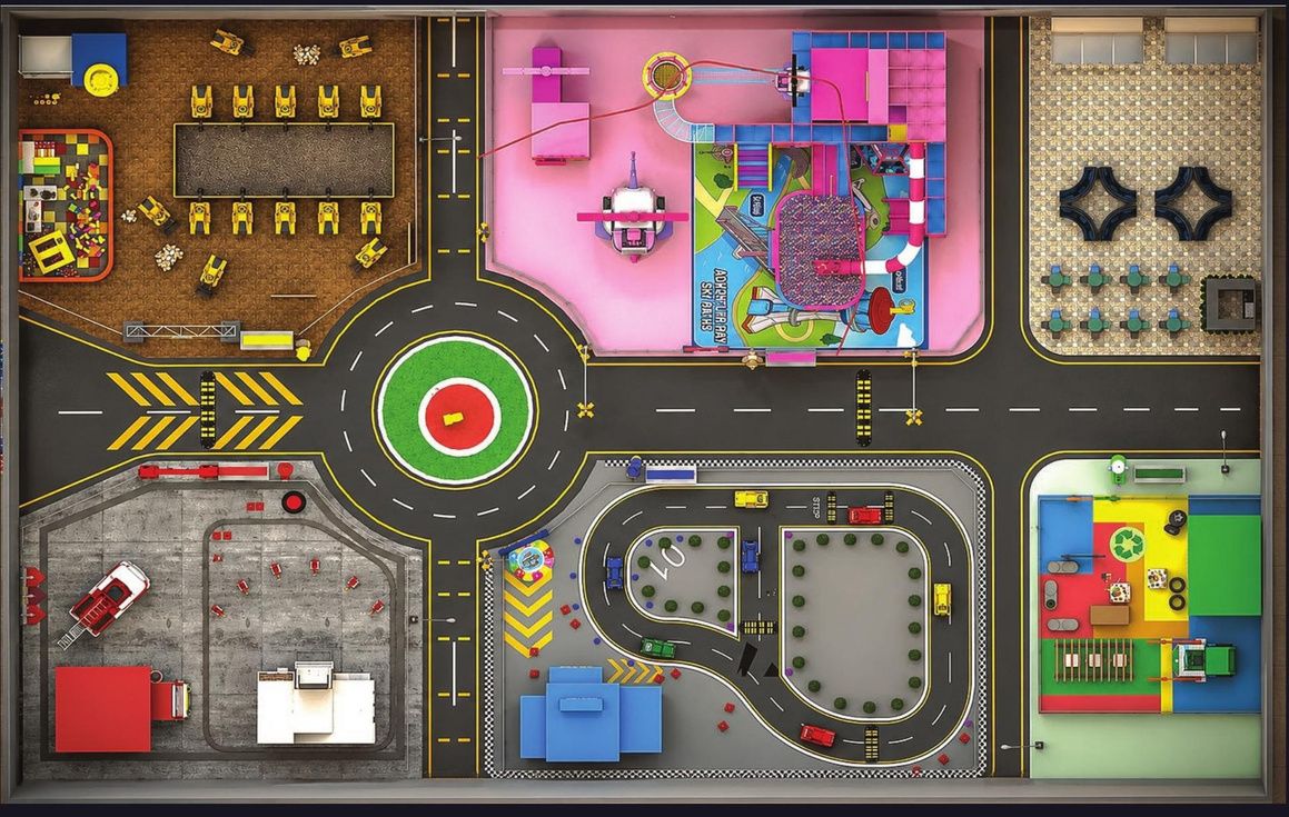 Top-down masterplan of the indoor park showing zones and ride-on circuits