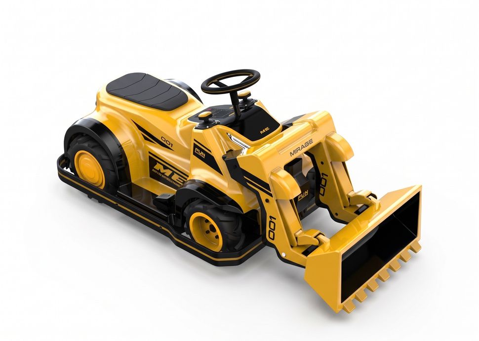 Yellow Fun Builder ride-on with loader bucket attachment
