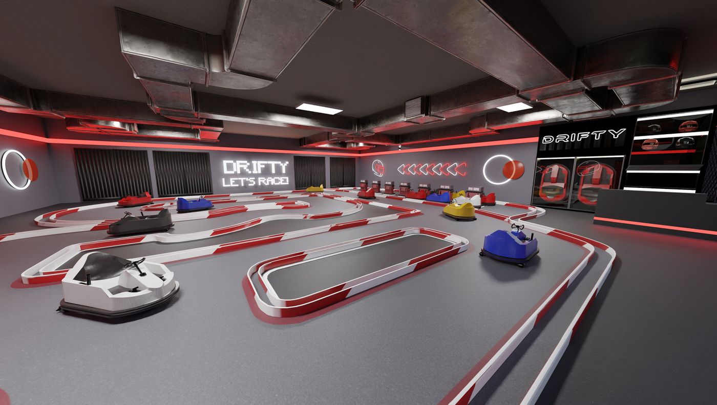 Drift arena circuit with red and white kerbs and neon signage