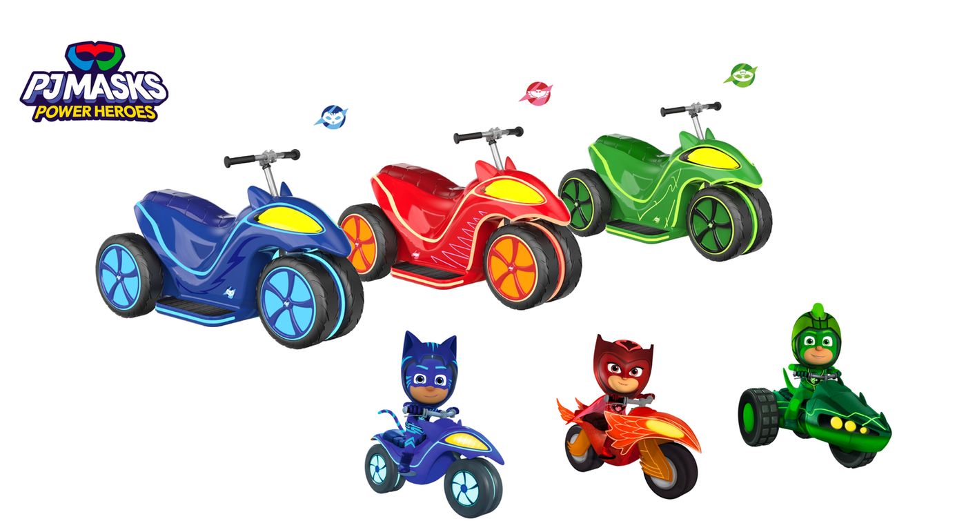 PJ Masks quad ride-on design iterations in blue, red and green